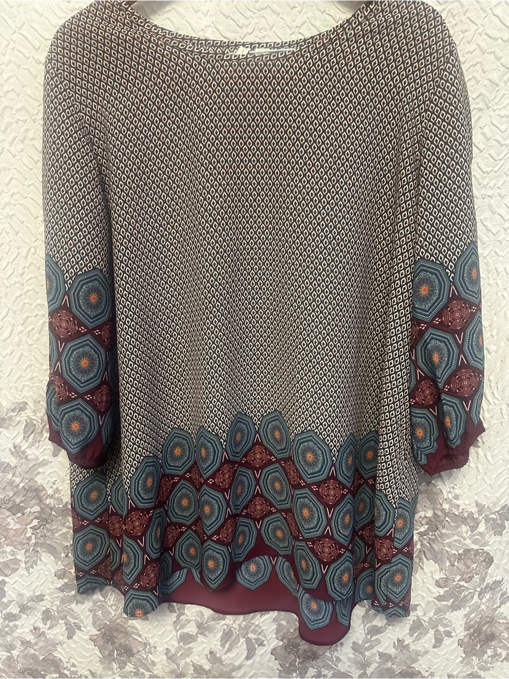 Cato Geometric Border Tunic in Teal & Burgundy